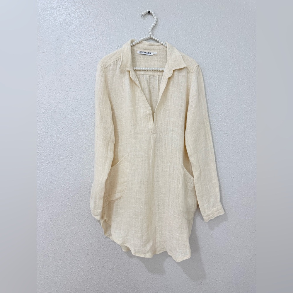 Ragazza Linen Gauze Tunic S Cream Relaxed Boho Beach Top Oversized Pockets